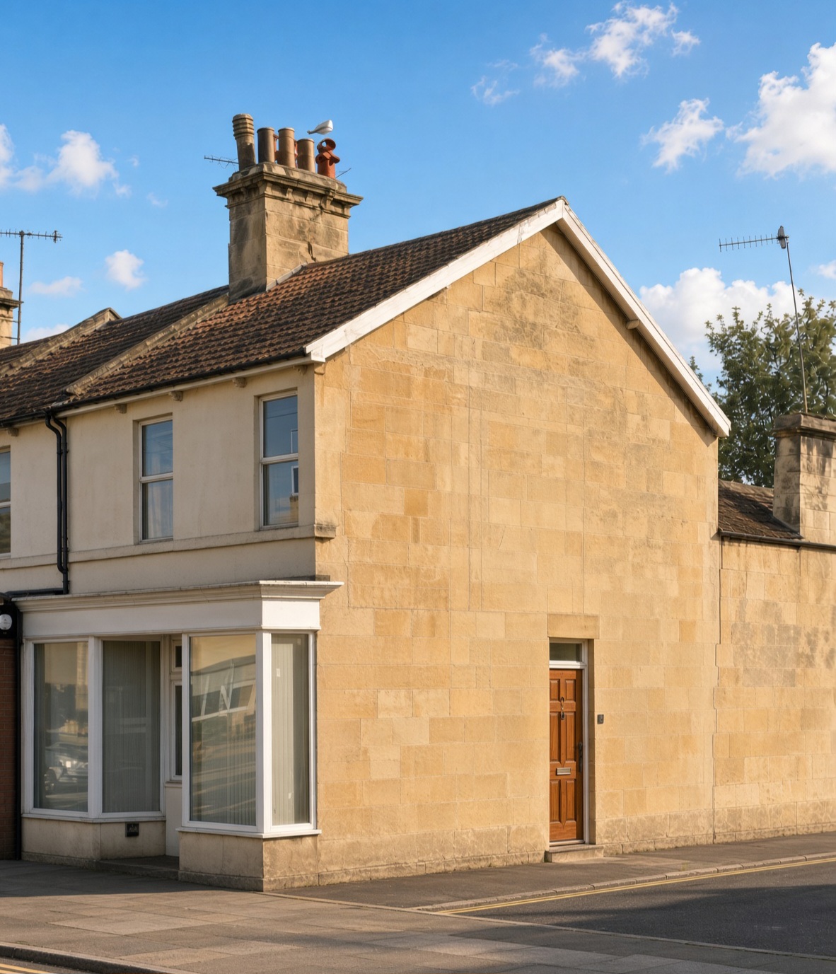 Front of 80 Lower Bristol Road, Bath-stone end-terrace with a shopfront-style corner window and a dark door on the gable